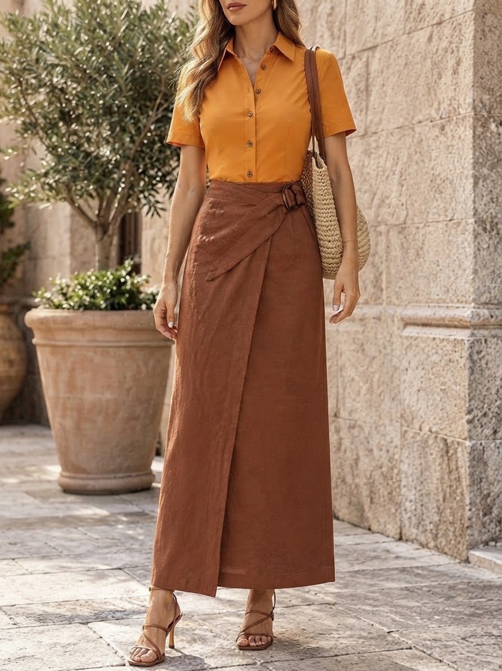 Mango Rust-Brown Midi Skirt with Ring Belt